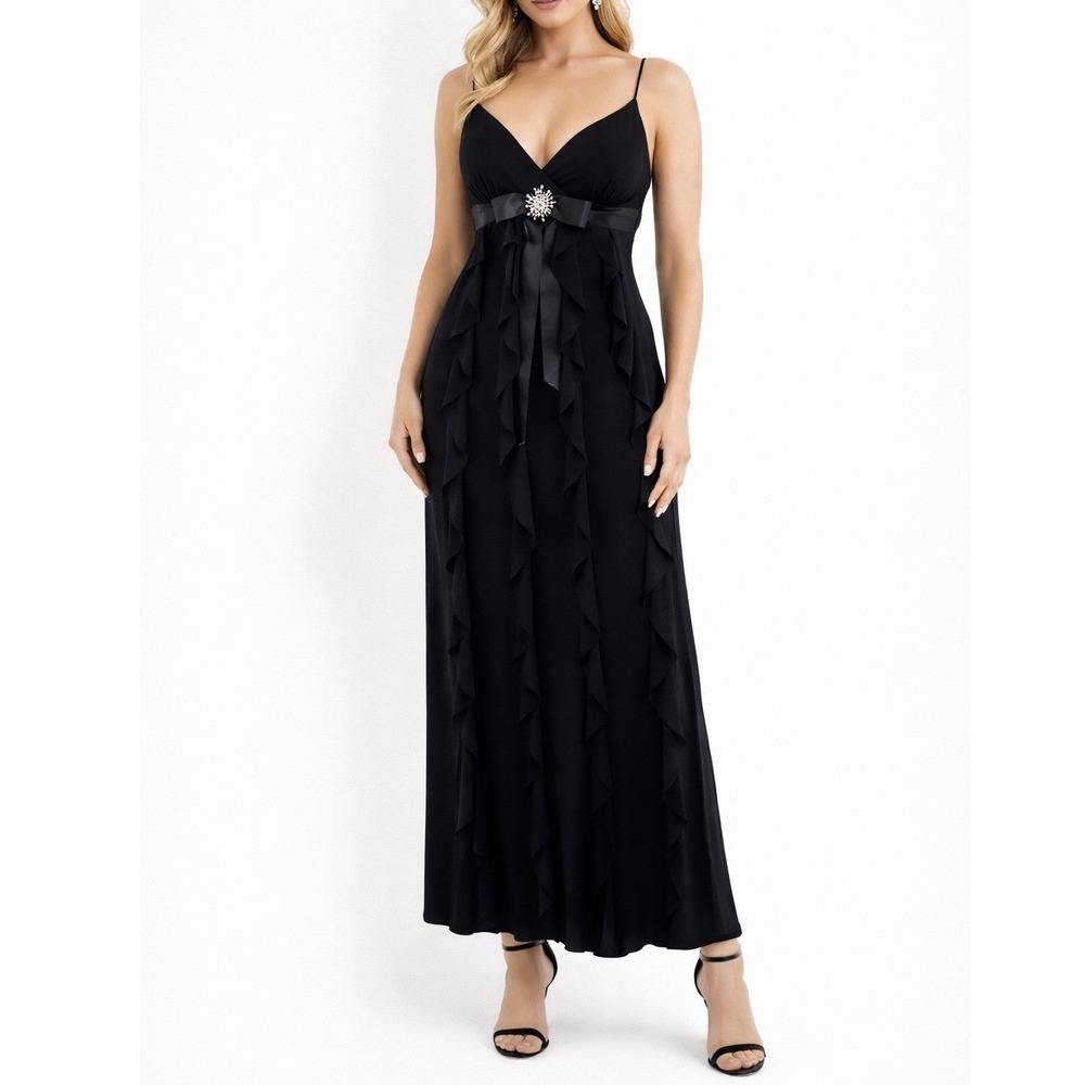 Cache Stunning Black Long Ruffle & Ribbon Brooch Formal Dress Size 8